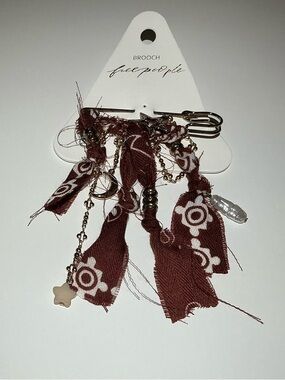 Free People Maroon Patterned Fabric Tassel Brooch with Mixed Charms